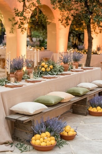 Elegant outdoor dining setup with lemons, lavender, and candles.