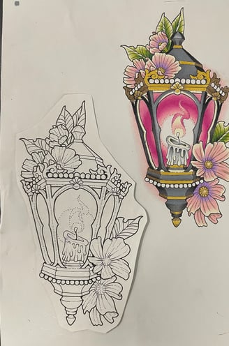 One Tattoo design of a colorful, mainly pink, lamp with a candle. Next to it is the linework only.
