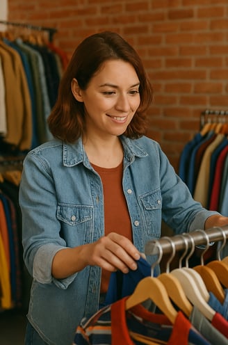 Femme dans un magasin de vêtements d'occasion pour la journée mondiale