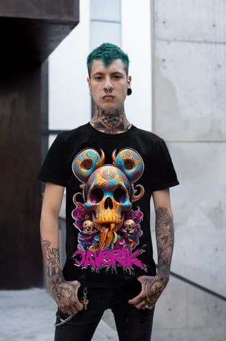 Estampa de caveira em camiseta streetwear masculina.