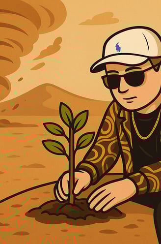 Hustensaft Jüngling pflanzt einen jungen Baum auf trockenem Wüstenboden, während im Hintergrund ein Sandsturm aufzieht.