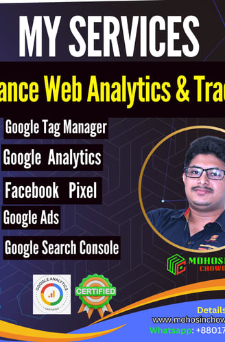 Web analytics services by Mohosin Chowdhury: GA4, GTM, Facebook Pixel, and e-commerce tracking.