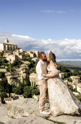 Marriage proposal in Provence — surprise moment captured with editorial wedding photo style