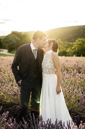 Post-wedding photo session in Provence — bride and groom at sunset