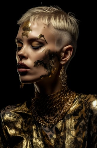 a woman with a gold leaf print on her face