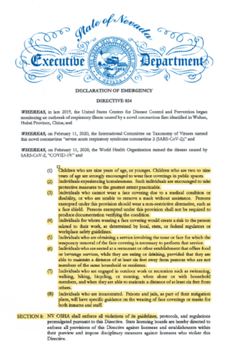 Image of state of Nevada declaration of emergency directive 024 (COVID-19 mask mandate)