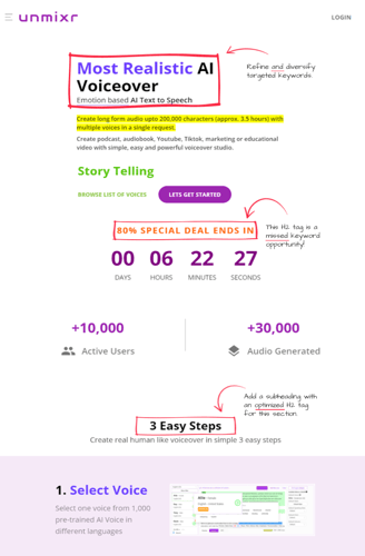 Image of SEO copywriting sample from Glen Cadorette: Unimxr AI Voice Generator (before).