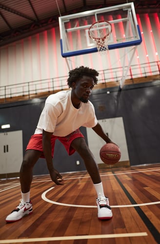 Fashion photography - a man in a white shirt and red shorts playing basketball