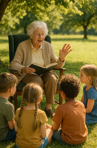 Une grand mère raconte une histoire à des enfants dans le jardin pour la journée des personnes agées