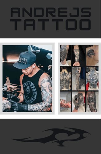 Tattoo studio setup with intricate tattoo designs and tools on display