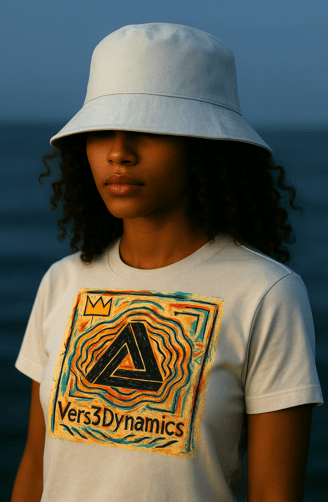 a woman in the DMV wearing a hat and a white t - shirt rockin Vers3Dynamics merch