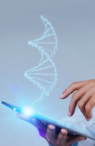 a doctor holding a tablet with a dna molecule on it