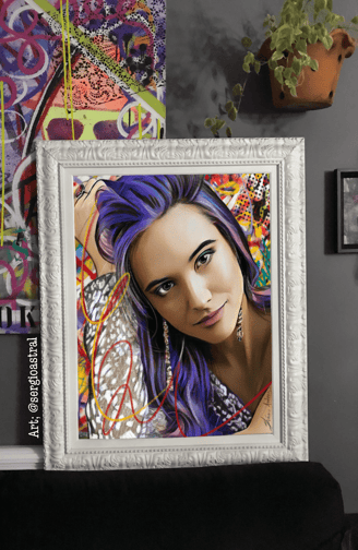 quadro personalizado do rosto da Jualiana Paiva, no estilo Pop-Art