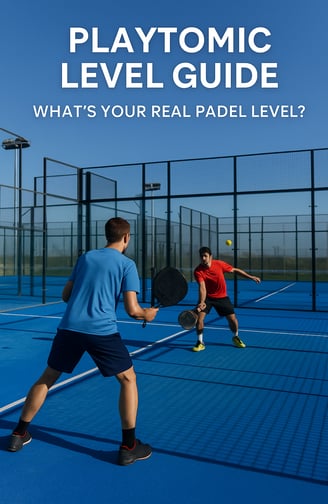 Two padel players mid-rally on an outdoor blue court - Playtomic Level Guide