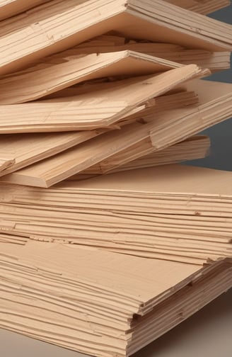 A close-up view of a stack of smooth, evenly cut plywood sheets. The wood grain and layers are visible, indicating high-quality, processed lumber. The sheets are neatly aligned and resting on a green support structure.