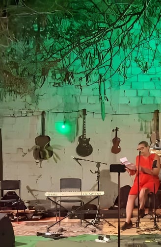 Patrícia Soares narrando uma história autoral sobre arte em frente a uma audiência atenta.