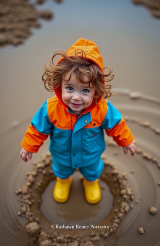 a toddler standing in a puddle of water