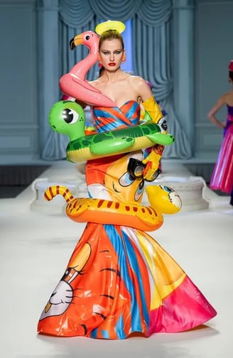 Desfile de modelo, com peça do designer Jeremy Scott