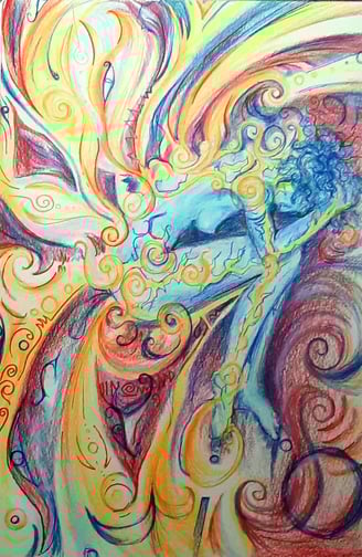 dessin au crayon de couleur représentant un corps endolorie et une visualisation de soin