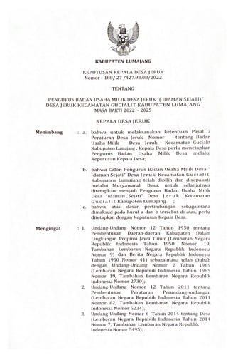 Halaman 1 - Surat Keputusan Pengurus BUMDes Idaman Sejati