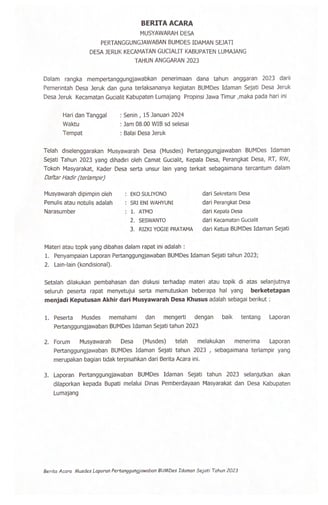 Berita Acara Halaman 1 - LPJ BUMDes T.A, 2023