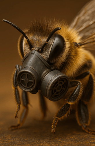 Abeille avec un masque à gaz pour la journée mondiale des abeilles.