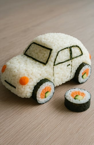 Voiture de riz avec roues en sushi pour la journée mondiale des sushis.