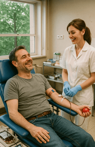 Donneur de sang avec une infirmière pour la journée mondiale des donneurs de sang.