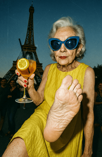Une femme agée et stylée montre son pied pour la journée nationale de la santé du pied