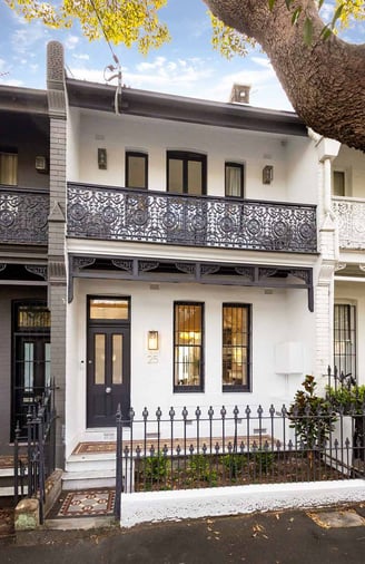 Front facade of renovated Victorian heritage house in Surry Hills, Sydney, architectural restoration