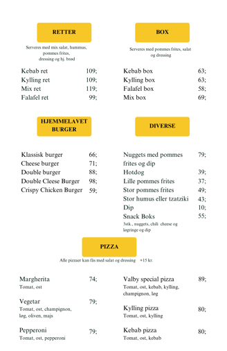 Menukort anden side – forskellige retter: kebabmenuer, burgere, snacks, bokse med pommes frites og p