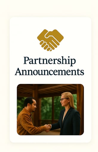a man and woman shaking hands with a sign that says partnership