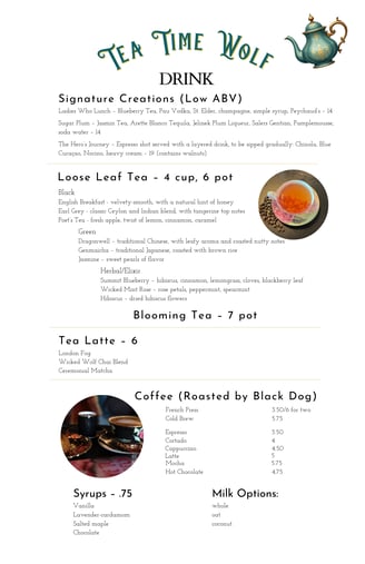 Wicked Wolf pdf tea menu with drinks like tea, coffee, and low-alcohol cocktails, and food items