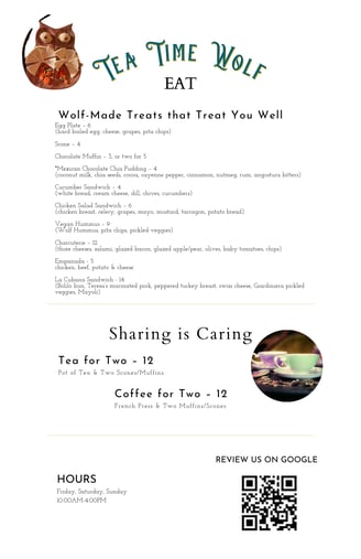 Wicked Wolf pdf tea menu with drinks like tea, coffee, and low-alcohol cocktails, and food items