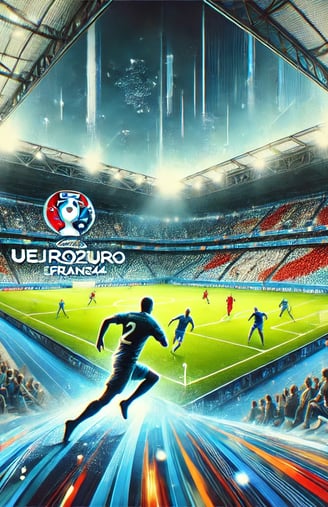 A vibrant digital artwork showing a UEFA EURO 2024 football match in a stadium.