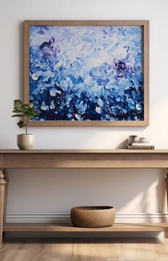 a painting of a blue and white abstract seascape