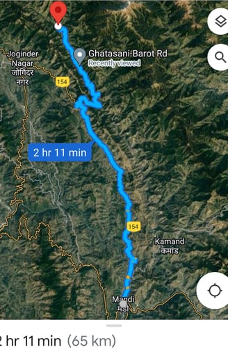 a map of a route map of a route from Mandi, Himachal Pradesh to Barot Valley, Himachal Pradesh.