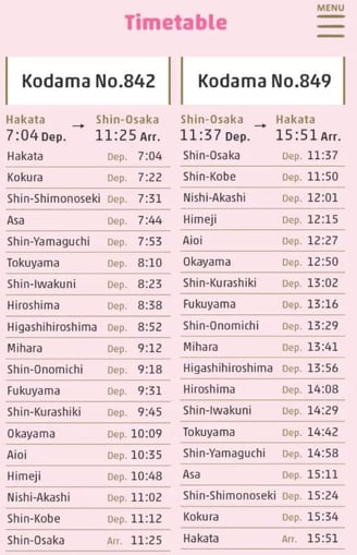 Hello Kitty shinkansen bullet train time table