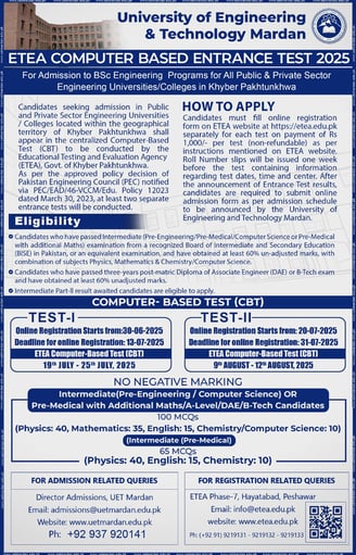 uet etea entrance test 2025 ad for engineering and architecture admissions