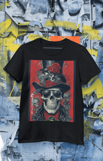 Camiseta Caveira Street Tag: Esta camiseta apresenta uma caveira com detalhes de tagging de rua