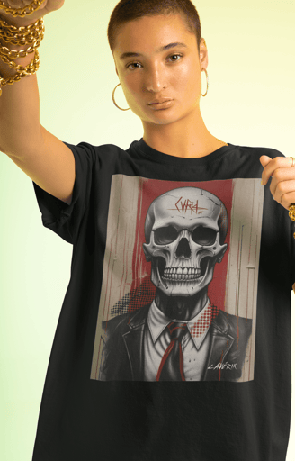 Camiseta preta com design de grafite e caveira.