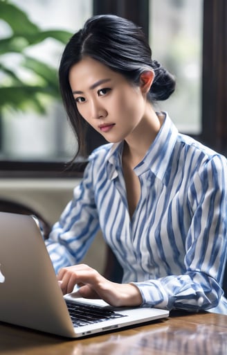 man in blue and white plaid dress shirt using macbook pro