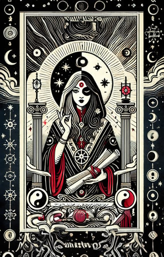 a woman in a black and white tarp Tarot cards