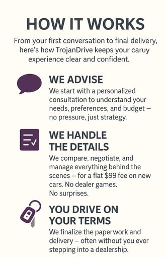 How TrojanGraphic titled ‘How It Works’ showing the TrojanDrive process in three steps: 'We Advise'