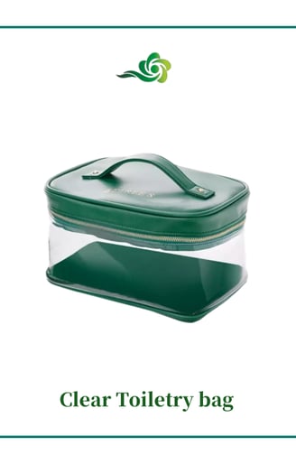 a clear plastic toilet bag with a green handle
