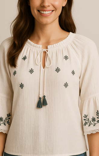 a woman in a white blouse and jeans jeans