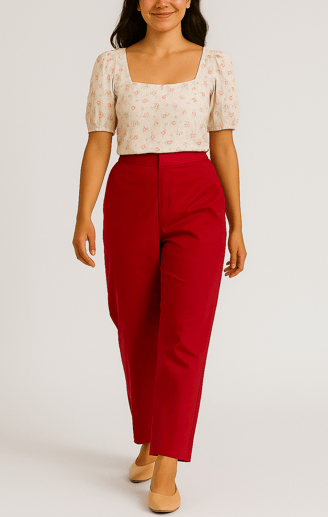 a woman in a white top and red pants