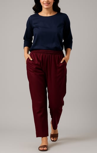 a woman in a blue top and pants with a black top