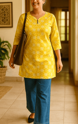 a woman in a yellow dress and blue jeans