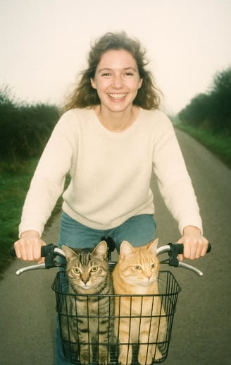 Une jeune femme se balade à vélo avec deux chats pour la journée internationale du chat.